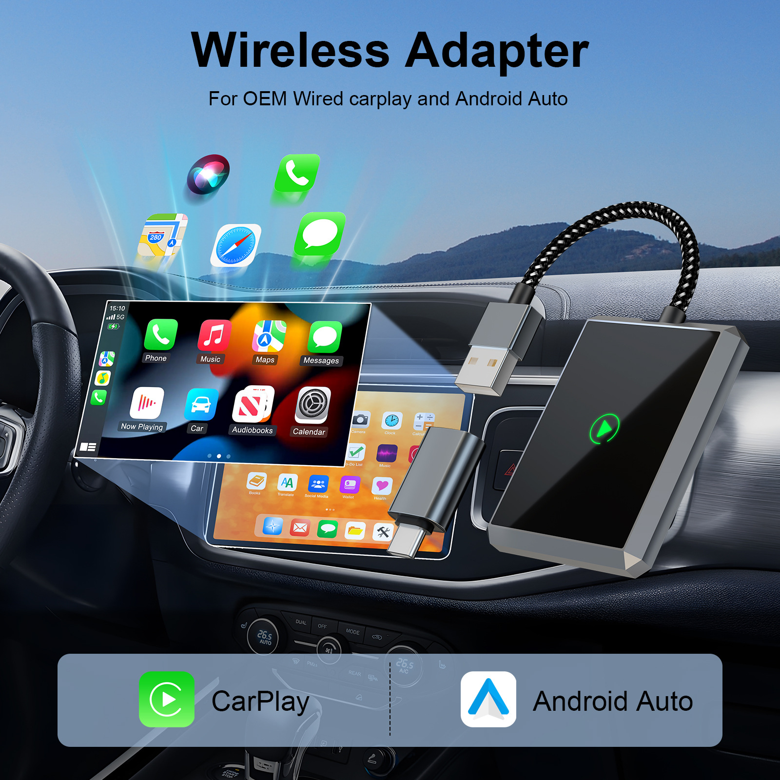 跨境carplay盒子有線轉(zhuǎn)無線蘋果carplay安卓auto車載車機(jī)互聯(lián)盒子